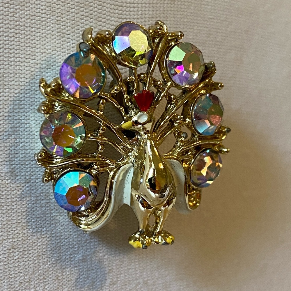 Vintage Peacock Aurora Borealis Rhinestone Statement Brooch
